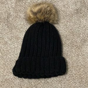 Faux Fur Pom Black Beanie